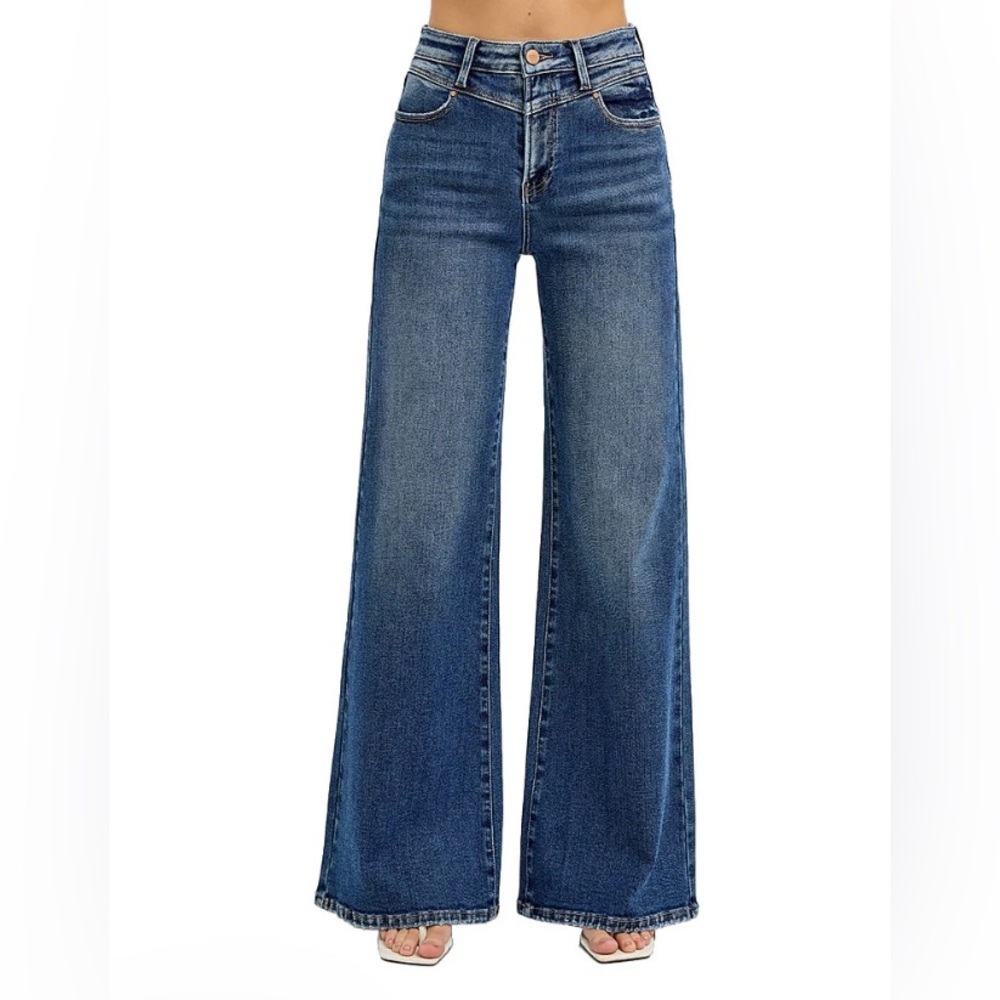 RISEN Jeans High Rise Wide Leg Front Yolk Dark Blue PW21020X Raw Hem Sz 1XL